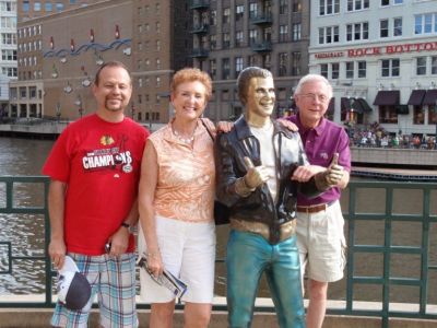 AMGBA Officers Frank Ochal, Margie Springer and Bruce Magers with Fonzie along Milwaukee River
